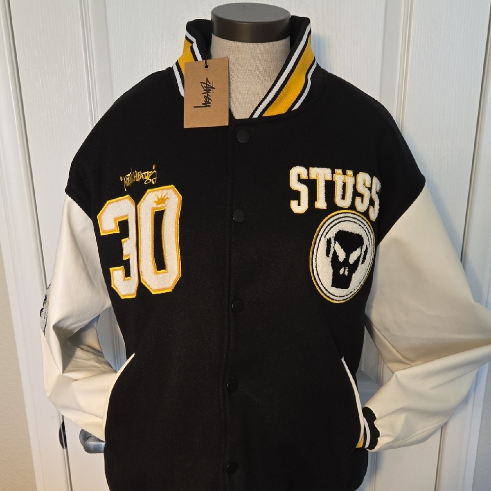 Stüssy MetalHeadz Black & White Varsity Jacket with Yellow